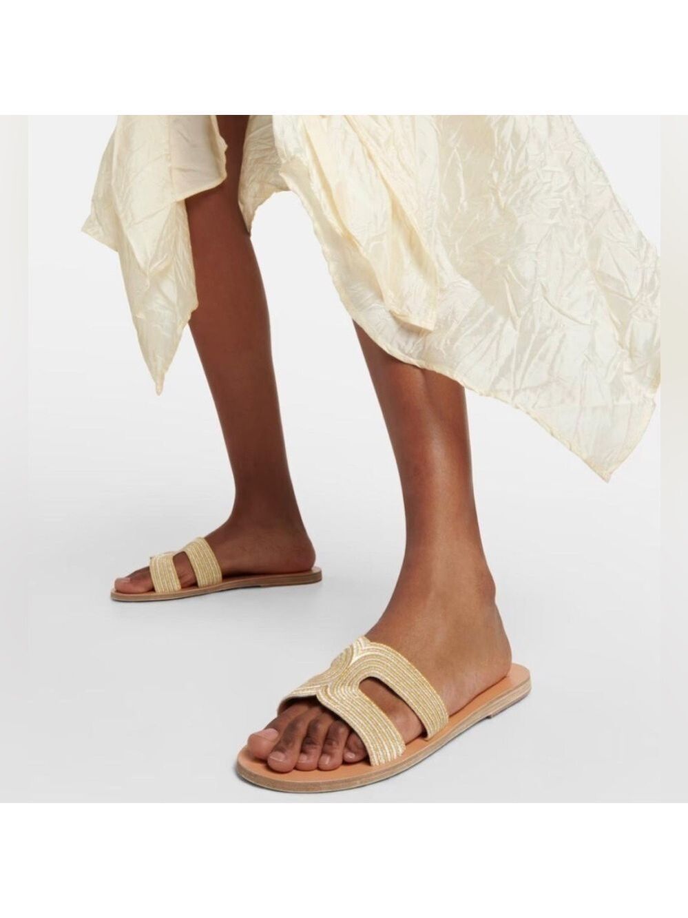 Ancient Greek Kentima Leather Metallic Embroidered Flat Slide Sandals NWT